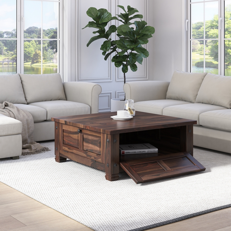 Rustic Russet Coffee Table Storage with Drop Down Doors and Knobs