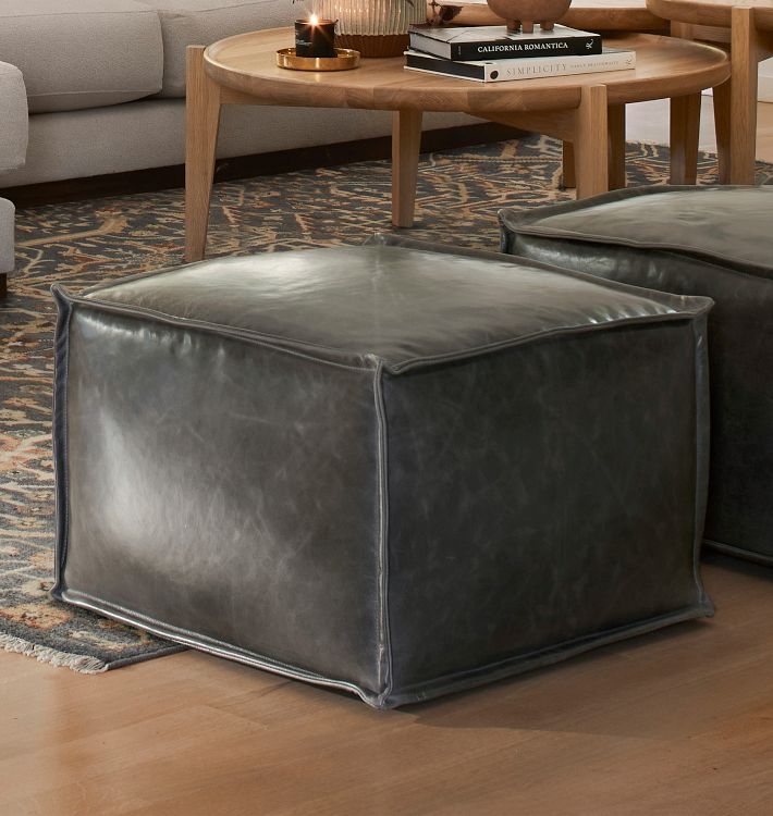 Rustic Square Ottoman with Distressed Texture and Stitched Seams