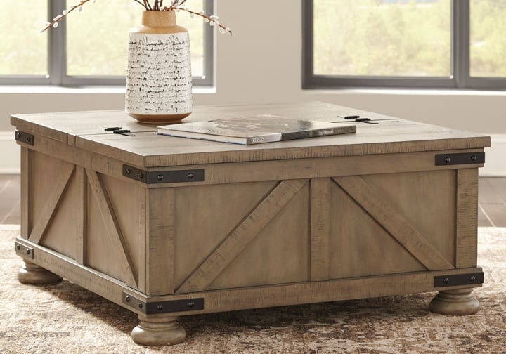 Rustic Storage Coffee Table with Metal Corner Brackets and Bun Feet
