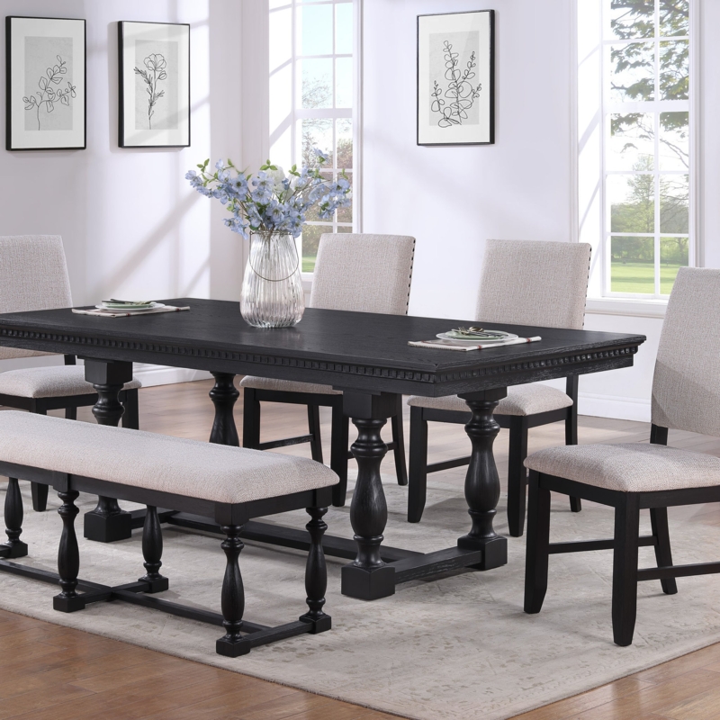Rustic Traditional Dining Set Black with Turned Legs Upholstered Bench
