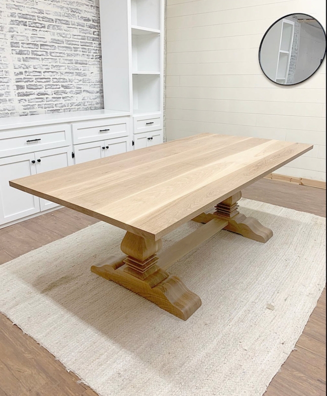 Rustic Trestle Dining Table with Carved Legs and Thick Top