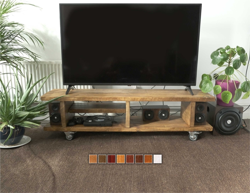 Rustic TV Stand Wheels, Low Profile Wood Console, Industrial