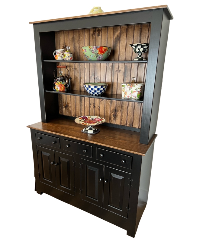 Rustic Two-Tone Dining Hutch with Open Shelving and Beadboard Backing