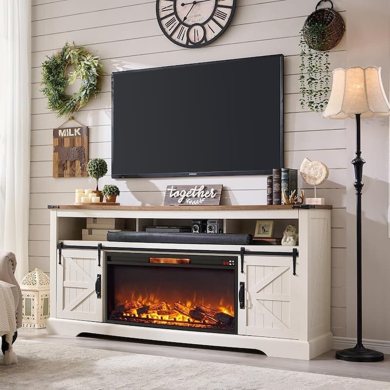 Rustic White Fireplace TV Stand Sliding Barn Doors Two-Tone Finish