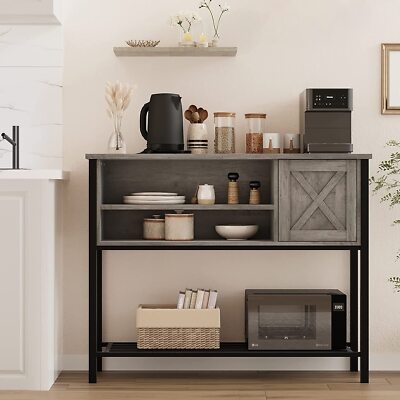 Rustic Wood Buffet Cabinet Sliding Barn Doors Open Central Shelves