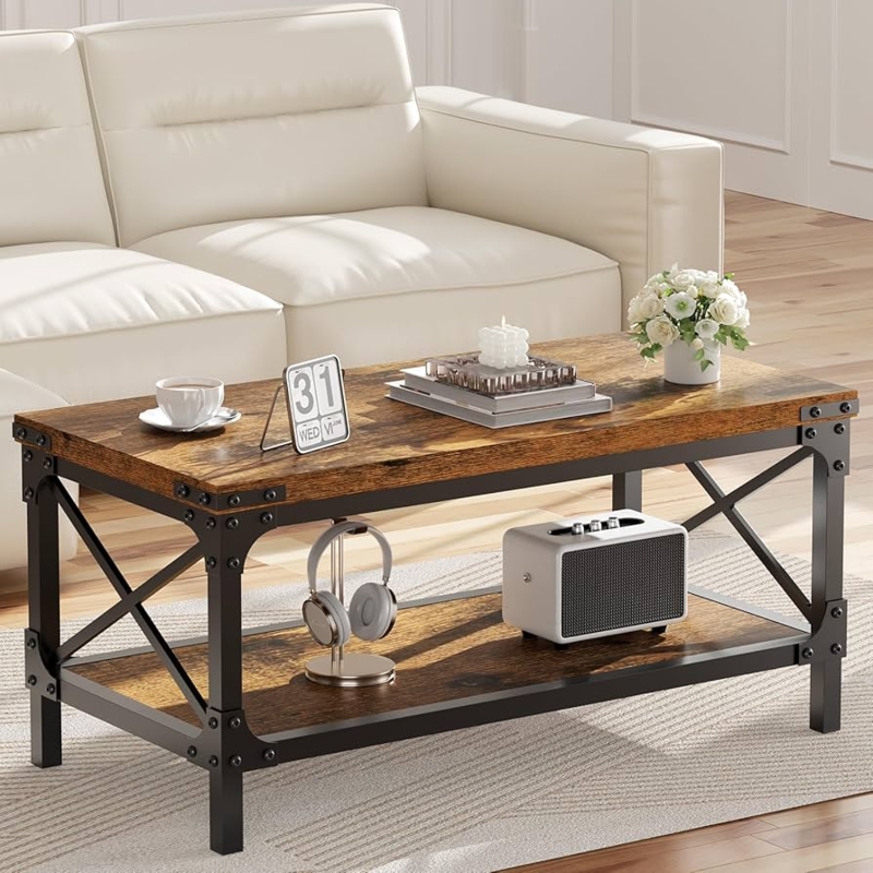 Rustic Wood Coffee Table Industrial Metal X-Brace with Rivet Accents