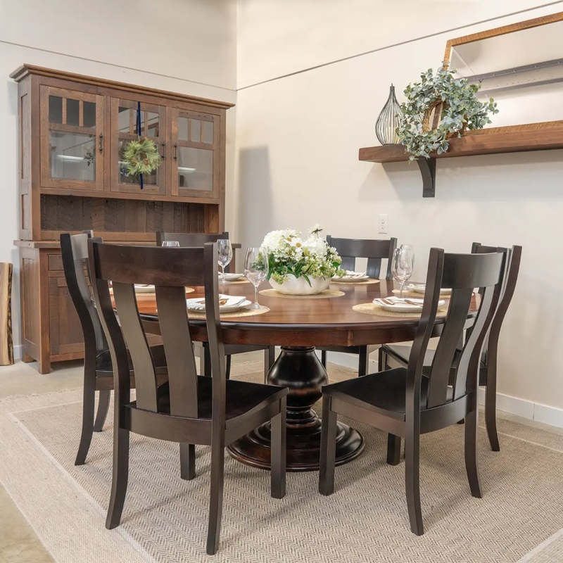 Rustic Wood Dining Table: Round Pedestal Base with Natural Grain Finish