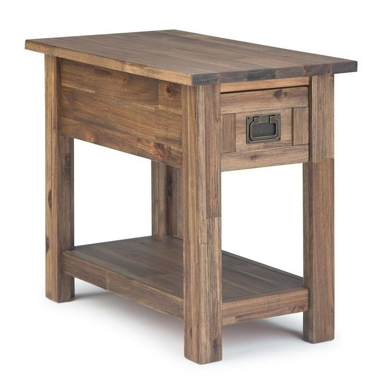 Rustic Wood End Table with Drawer, Tapered Legs and Lower Shelf