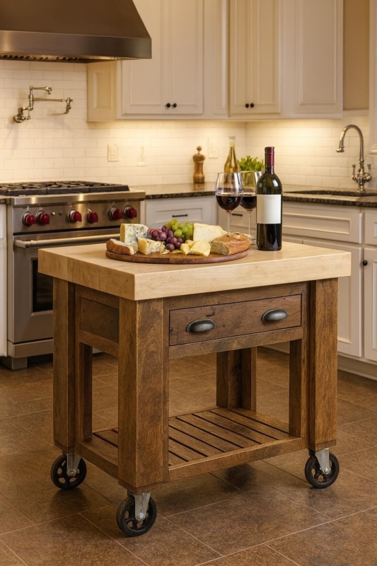 Rustic Wood Kitchen Island with Industrial Casters and Thick Top