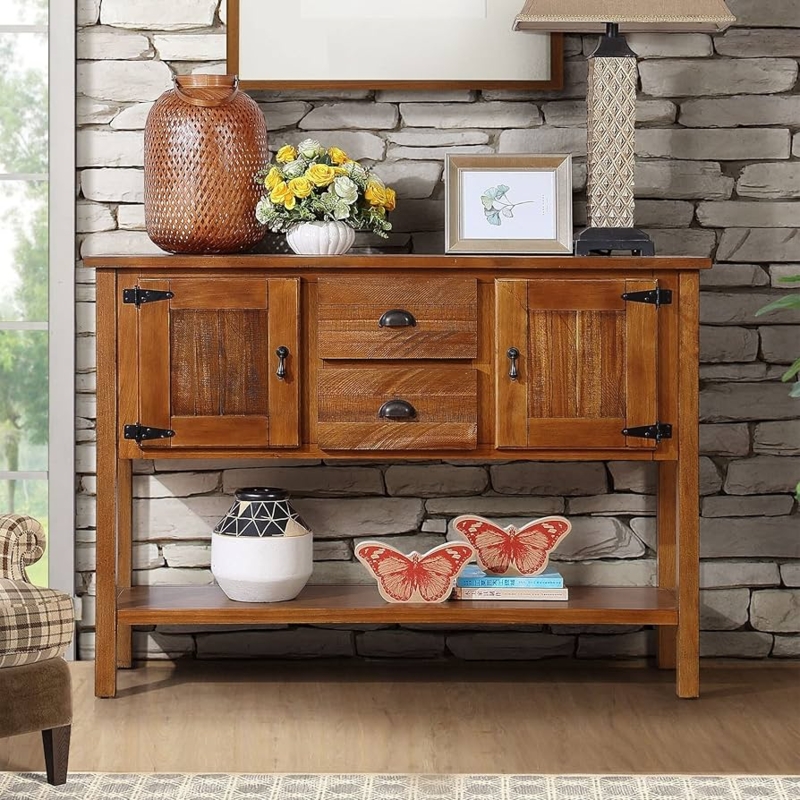 Rustic Wood Sideboard Cabinet with Black Strap Hinges and Open Shelf