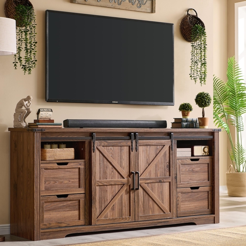 Rustic Wood TV Stand 4 Drawers Sliding Barn Doors 32 Inch Tall Console