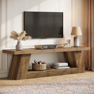 Rustic Wood TV Stand Angled Legs Thick Top Open Shelf Design