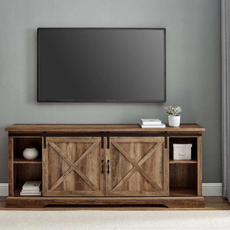 Rustic Wood TV Stand Sliding Barn Doors X-Frame Media Console