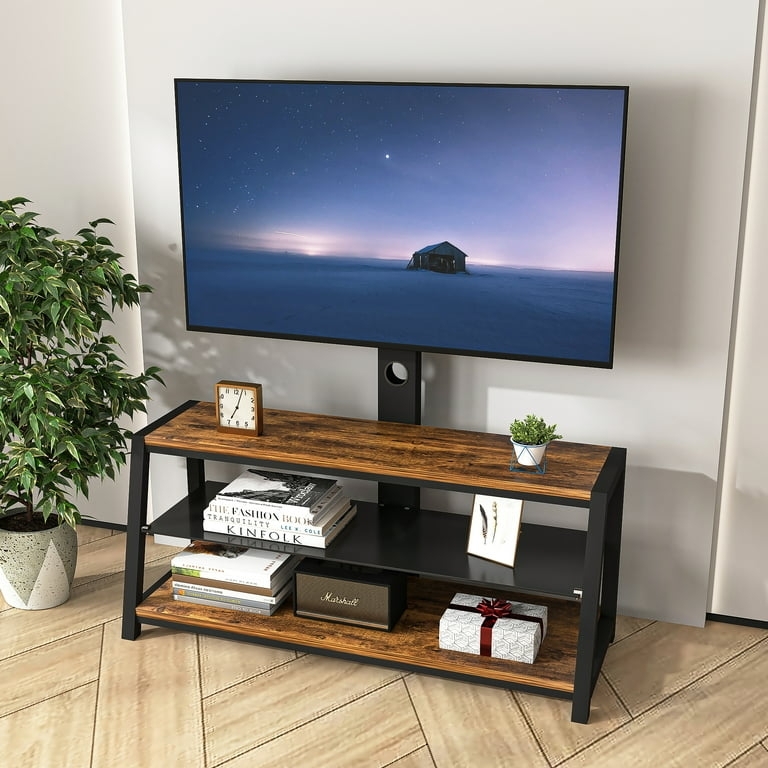 Rustic Wood TV Stand with Angled Metal Legs and Mount