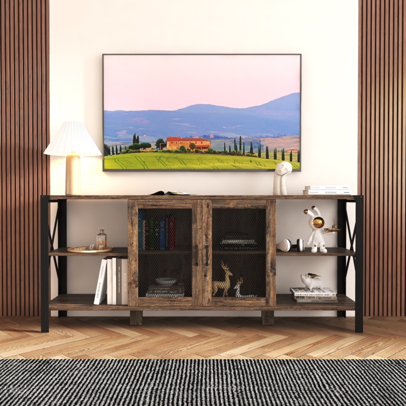 Rustic wood TV stand with mesh doors and X-frame sides.