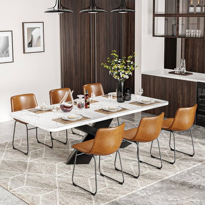 Saddle Brown Faux Leather Dining Chairs with Tapered Metal Legs