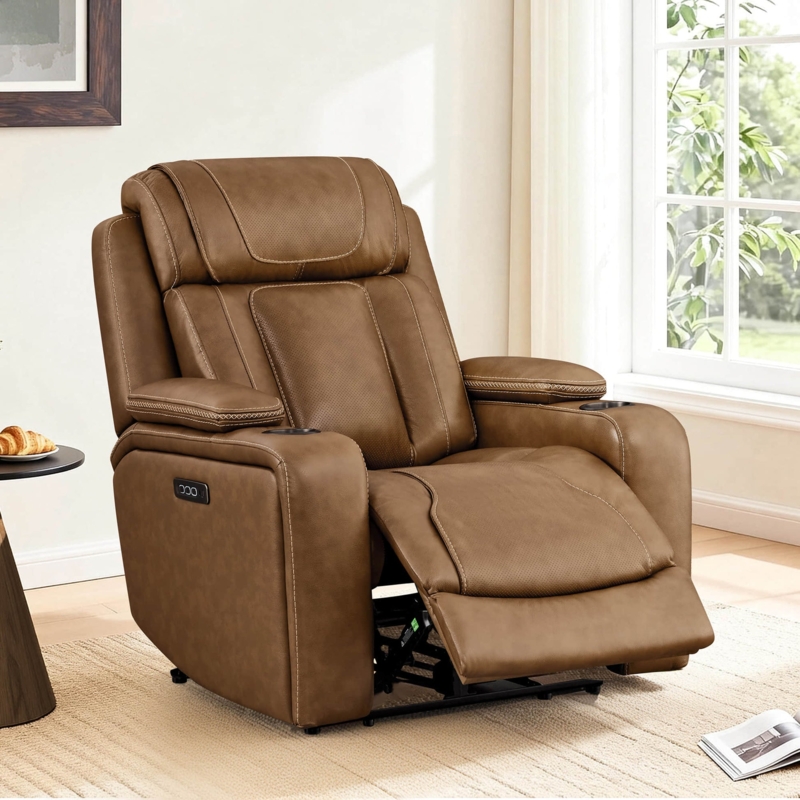 Saddle Leather Power Recliner with Contrast Stitching and Storage.