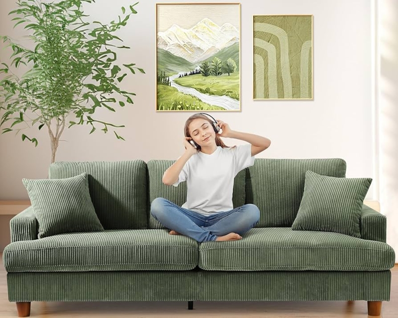 Sage Green Corduroy Sofa with Tapered Wood Legs
