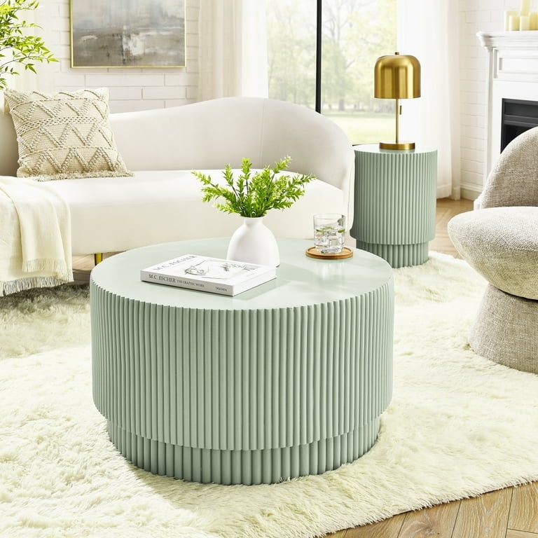 Sage Green Fluted Drum Coffee Table with Tiered Pedestal Silhouette