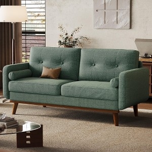 Sage Green Linen Loveseat, Button Tufted Back Tapered Legs