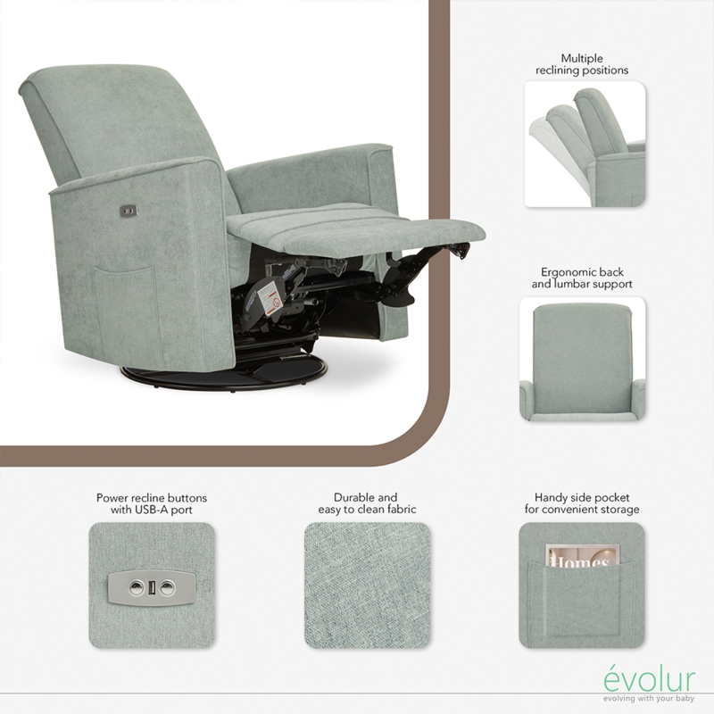 Sage Green Nursery Glider Recliner with Power Recline and USB Port.