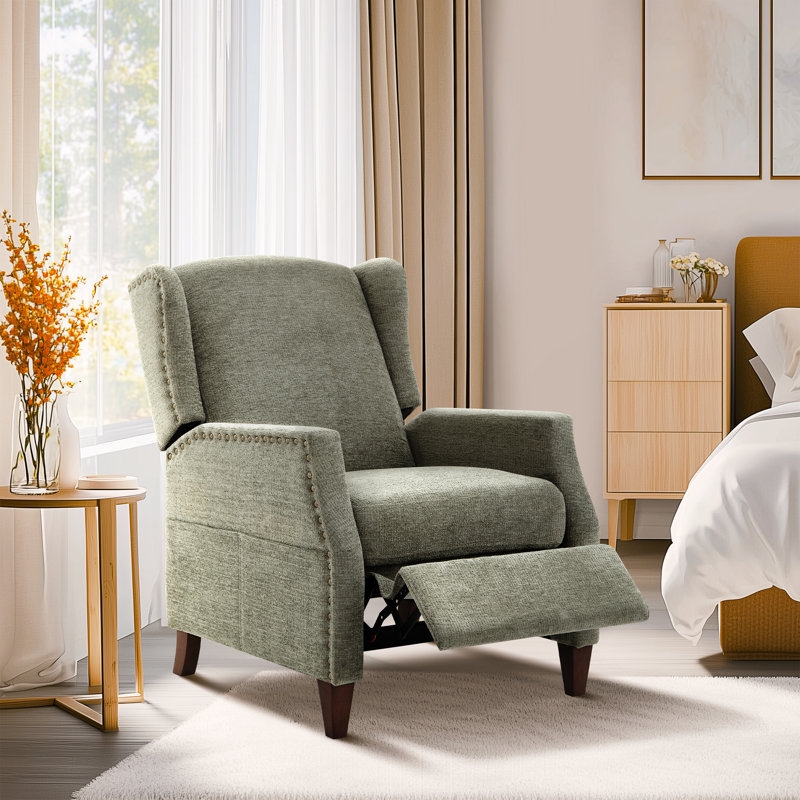 Sage Green Push Back Recliner, Wingback Chair with Nailhead Trim.