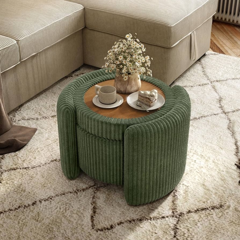 Sage Green Ribbed Chenille Storage Ottoman Reversible Tray Top