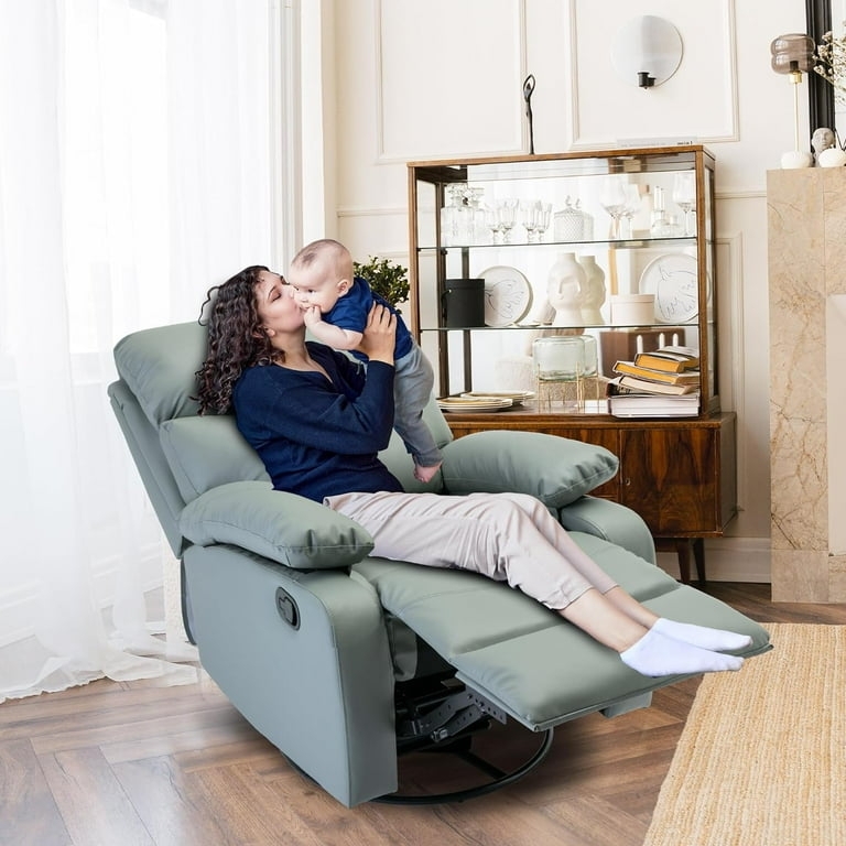 Sage Green Swivel Rocker Recliner, Overstuffed Leather-Like Chair