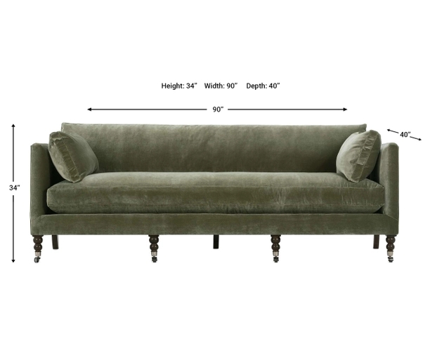Sage Green Velvet Bench Seat Sofa on Turned Legs with Casters