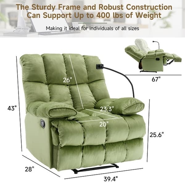 Sage Green Velvet Recliner with Smartphone Holder and Tufted Grid Back