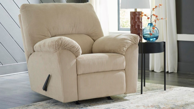 Sand Beige Rocker Recliner with Ribbed Surface and Overstuffed Arms