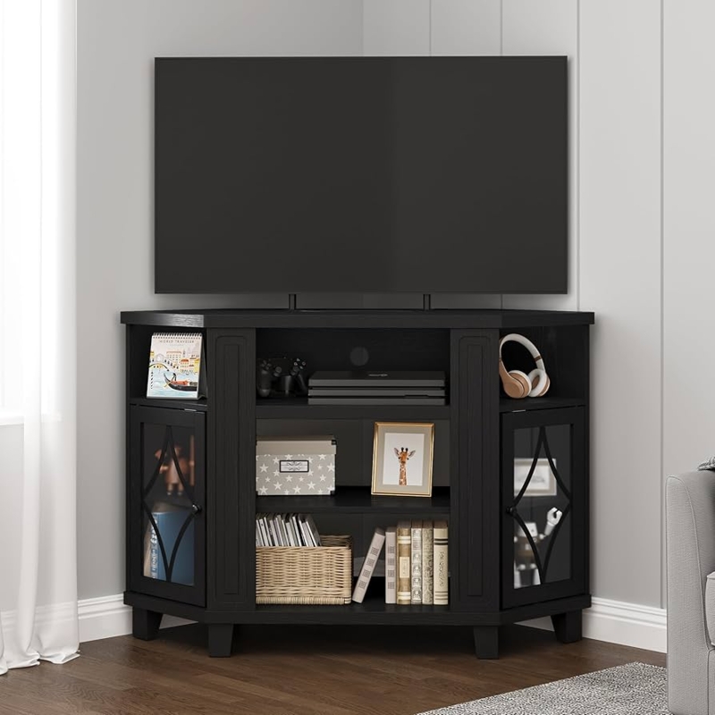 Satin Black Corner TV Stand Diamond Lattice Glass Doors Transitional