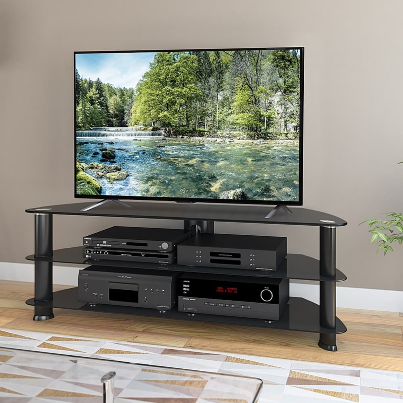 Satin Black Corner TV Stand with Tempered Glass Tiers