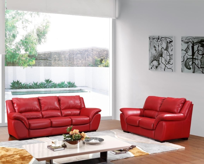 Saturated Leather Sofa Set with Flared Pillow Arms