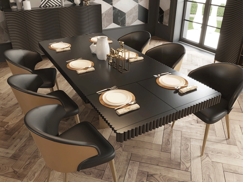Scalloped Dining Set Ribbed Table Two Tone Chairs Glam Style