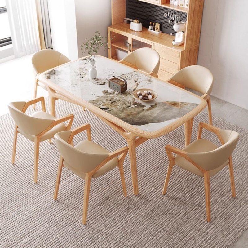 Scandi Dining Set with Stone-Like Glass Top and Tapered Legs