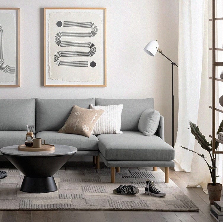 Scandi-Modern Sectional Sofa with Tapered Wood Legs & Pedestal Table