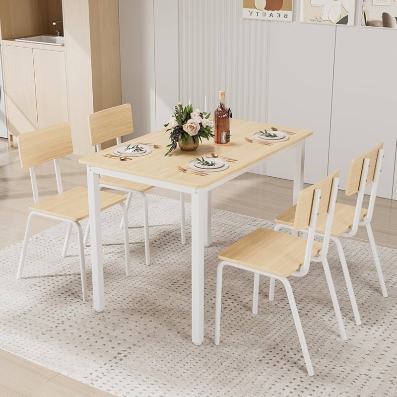 Scandinavian 5-Piece Dining Set with White Metal Frame and Light Wood