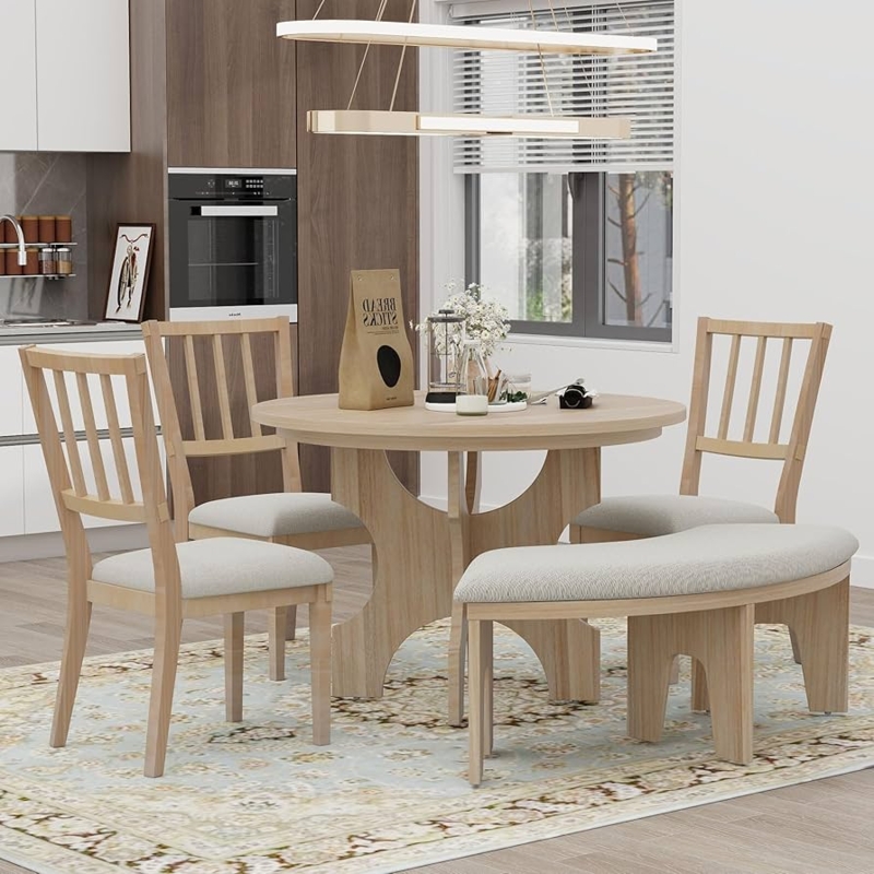 Scandinavian Dining Table Set, Light Wood, Curved Bench, Sculptural Legs.