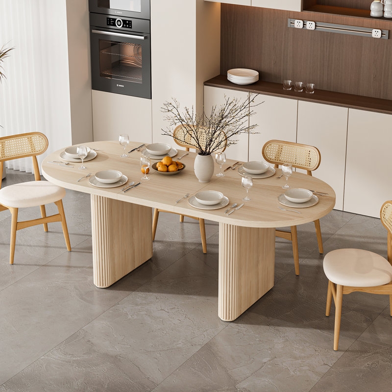 Scandinavian Extendable Oval Table with Pale Wood Ribbed Pedestals