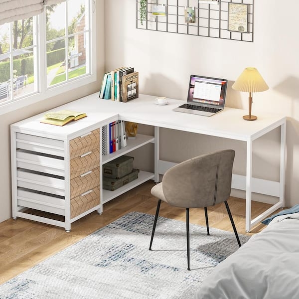 Scandinavian L-Shaped Desk with Herringbone Drawers and Shelves