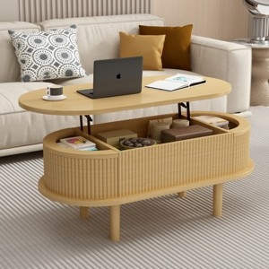 Scandinavian Lift Top Coffee Table Light Wood Ribbed Oval