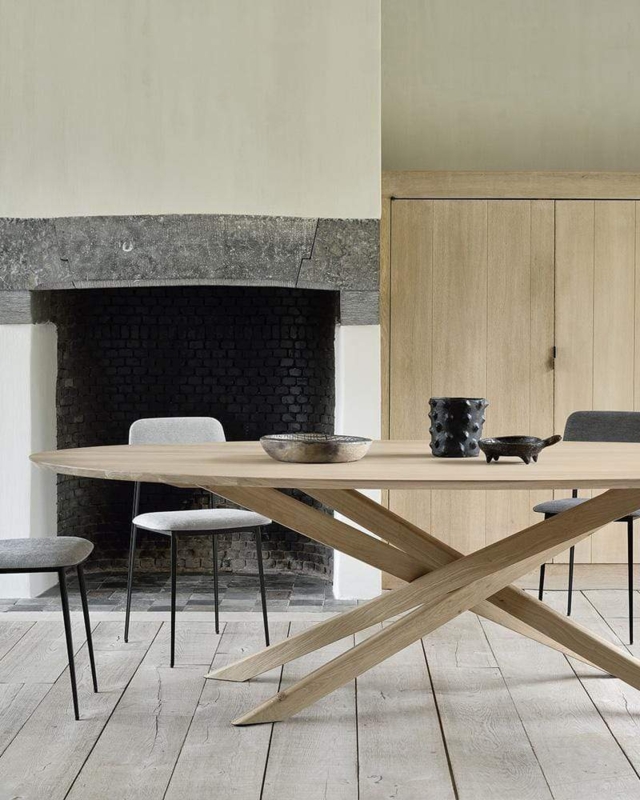 Scandinavian Modern Oval Dining Table with Interlocking Wood Base