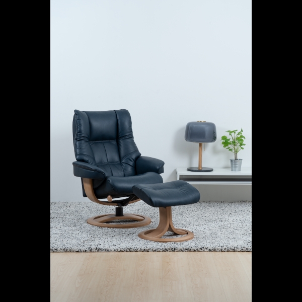 Scandinavian Navy Recliner Chair with Light Wood Ring Base Set