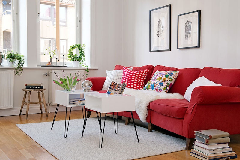 Scandinavian Sofa, Modern Upholstered Fabric, Tapered Legs