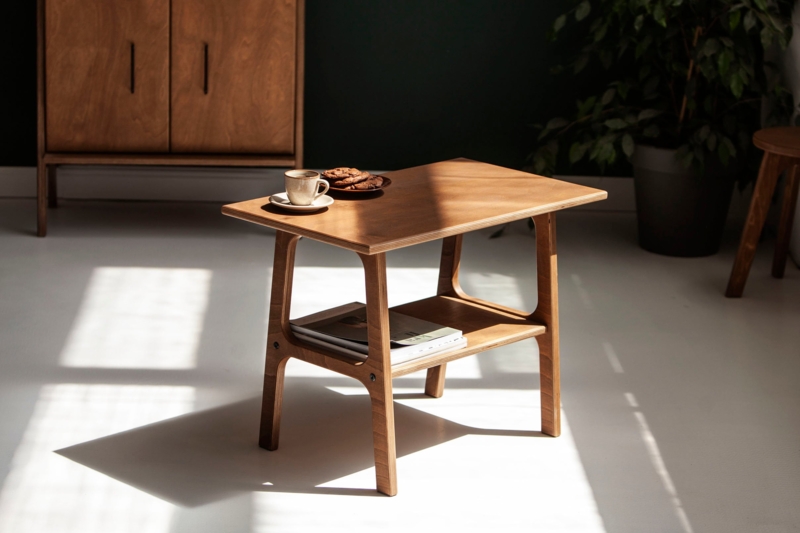 Scandinavian Wood Coffee Table Tapered Legs Exposed Plywood Edges Shelf