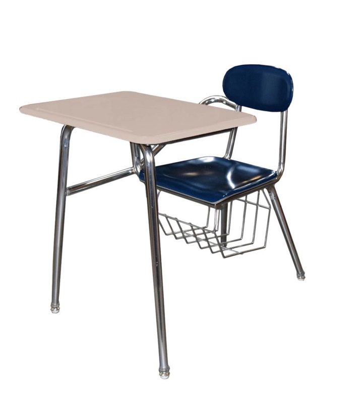 School Desk Combination Navy Blue Sand Beige Top Chrome Wire Basket