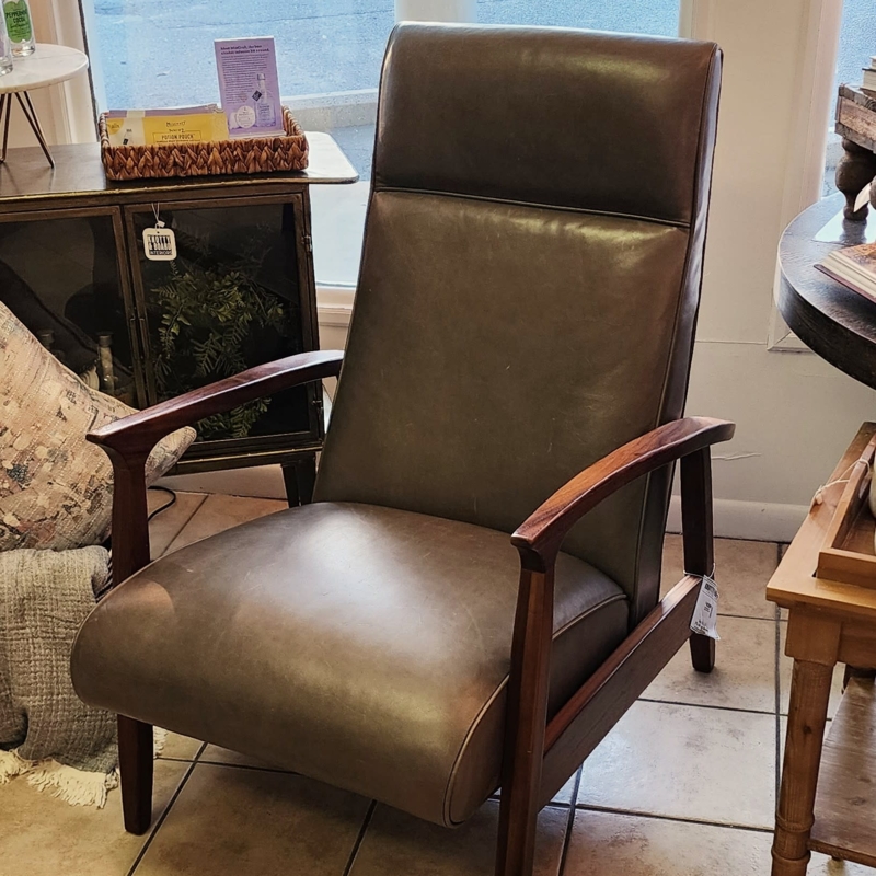 Sculpted Wood Arm Recliner Slim Profile Cocoa Brown Leather Style