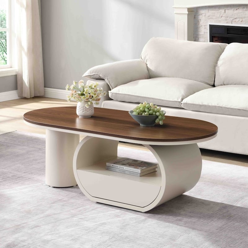 Sculptural Base Center Table Oval Walnut and Cream Storage Drawer Modern