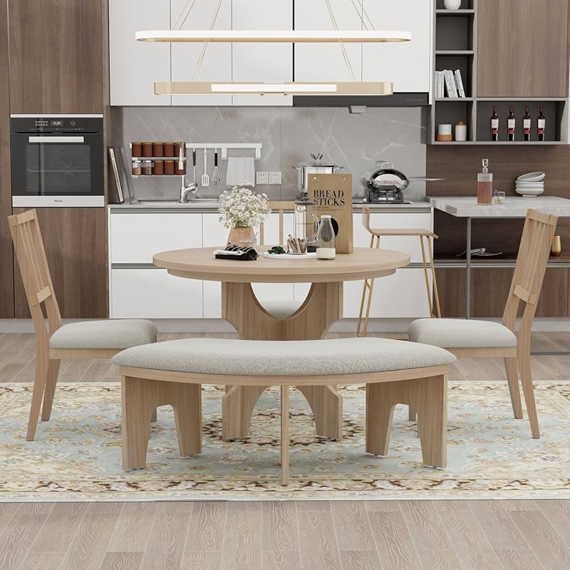 Sculptural Base Dining Set with Curved Bench, Light Wood Finish